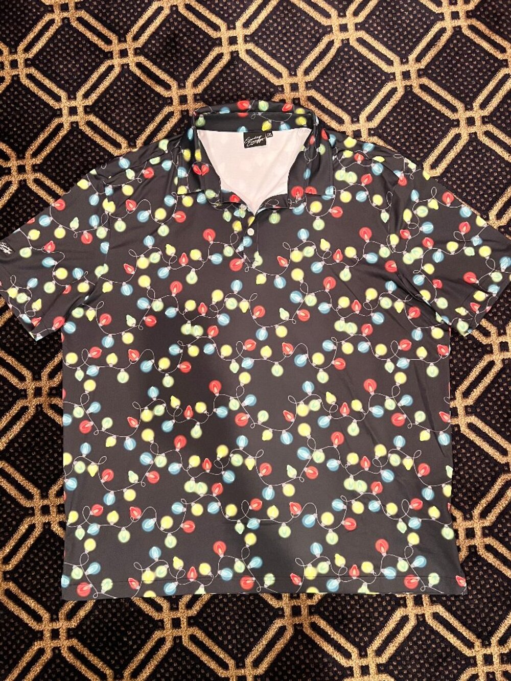 Sunday Swagger Men’s 2XL Christmas Lights Golf Polo Black Holiday Performance
